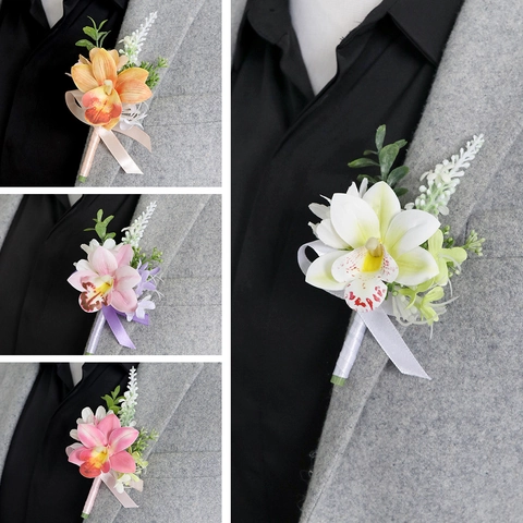 Artificial Orchid Boutonniere And Wrist Flower For Wedding Party Prom Elegant Realistic Satin Floral Decoration Accessories