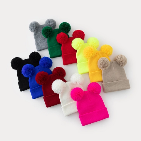 Bonnet Tricoté Mignon à Double Pompon pour Femmes Hiver Chaud Acrylique Couleur Unie Style Coréen Ins Bonnet Laine