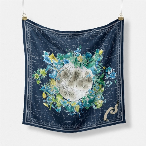 Women Mulberry Silk Square Scarf French Vintage Astronomical Constellation Moon Floral Print Silk Neck Scarf Small Shawl Wrap