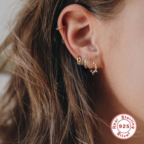 925 Sterling Silver Chain Huggie Hoop Earrings For Women Minimalist Gold Silver Plated Zirconia Inlaid Fashion Jewelry