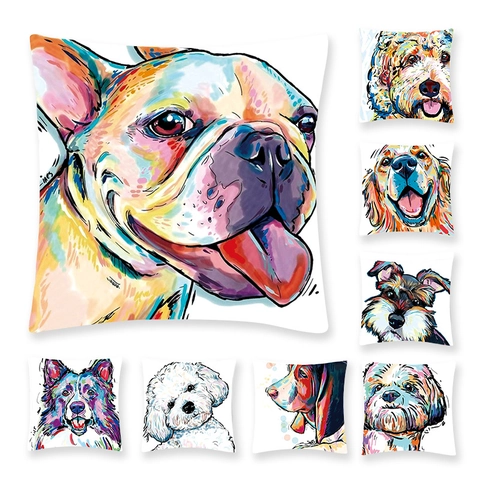 Decorative Throw Pillow Case Peach Skin Fabric Artistic Dog Portrait Watercolor Style Pop Art Design For Home Sofa Bed Decor