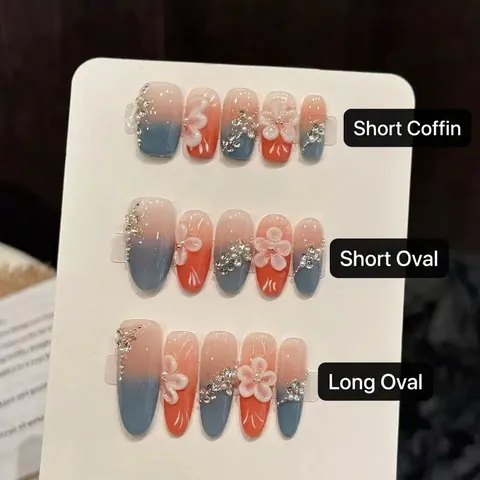 Handgefertigte Press On Nägel 3D Blume Strass Künstliche Perle Farbverlauf Blau Orange Süß Elegant Maniküre Falsche Nägel