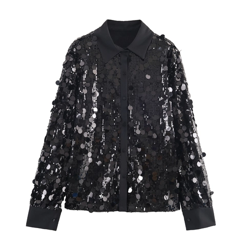 Sequin Blouse Women Long Sleeve Shirt Sparkly Turn Down Collar Button Up Party Evening Top Solid Color Black
