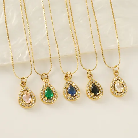 Elegant Teardrop Pendant Necklace 18K Gold Plated Stainless Steel Sparkling Zircon Inlaid S-Link Chain Jewelry For Women