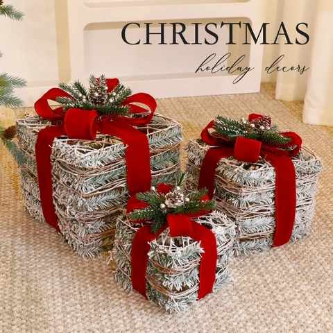 Christmas Decorative Gift Boxes Lighted Rattan Plush Fabric Ornament Christmas Tree Decoration Holiday Home Decor