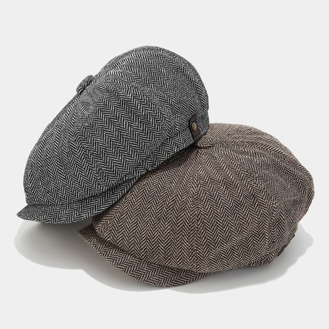 Retro Newsboy Cap Herringbone Polyester Warm Winter British Style Octagonal Hat For Men Women