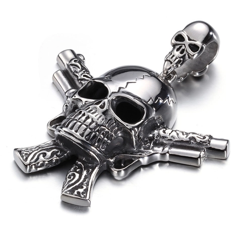 Pendente Teschio In Acciaio Inossidabile Da Uomo Collana Doppie Pistole Gotico Punk Hip Hop Gioielli Accessorio Biker Rock