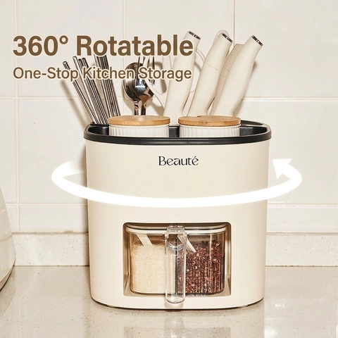 Rotating Kitchen Storage Rack Plastic Knife Holder Cutlery Organizer Seasoning Box Spice Jars Drainage Cream White