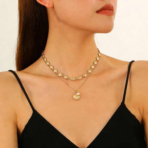 Collana Con Ciondolo in Lega di Zinco in Stile Oceanico Con Elementi di Perle Artificiali Conchiglia Stella Marina Gioielli in Oro Donna