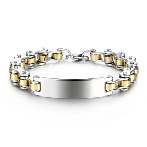 Herren Edelstahl Armband Fahrradkette Link Rechteckige Polierte Platte Biker Punk Industrie Silber Gold Ton