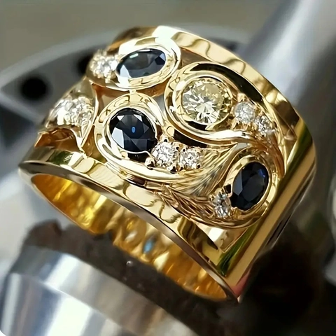 Wide Hollow Band Ring With Copper And Cubic Zirconia Colorful Stones Retro Luxury Style Jewelry For Women