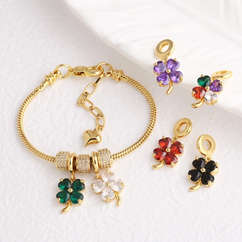 Clover Pendant Bracelet Copper Gold Plated With Colorful Zircon Charms Snake Bone Chain For Women Fashion DIY