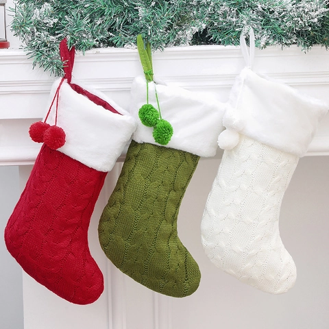 Christmas Stocking Knit Acrylic Cable Pattern White Faux Fur Cuff Decorative Gift Bag Hanging Traditional Festival Ornament