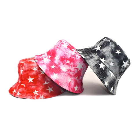 Cappello Alla Pescatora Con Stampa A Stelle Tie-Dye Double Face Tela Poliestere Moda Street Vintage Protezione Solare Pieghevole