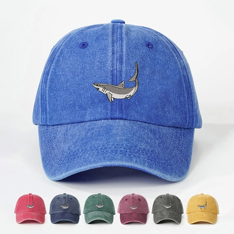 Casquette De Baseball En Coton Lavé Broderie Requin Vintage Ajustable Bord Incurvé Chapeau De Soleil Décontracté