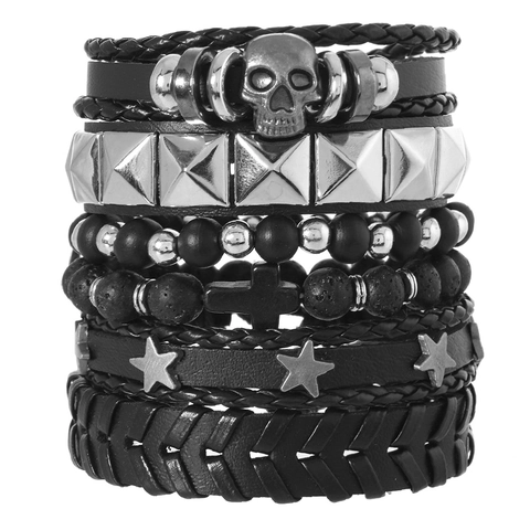 Punk Rock Multilayer Skull Star Studded Leather Bracelet For Men Handmade Woven Wax Cord Cross Lava Stone Beads Jewelry