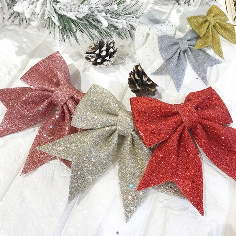 Christmas Glitter Bows Artificial Pearl Cotton Xmas Tree Topper Cake Decoration Large Bowknot Shiny Festive Party Ornament