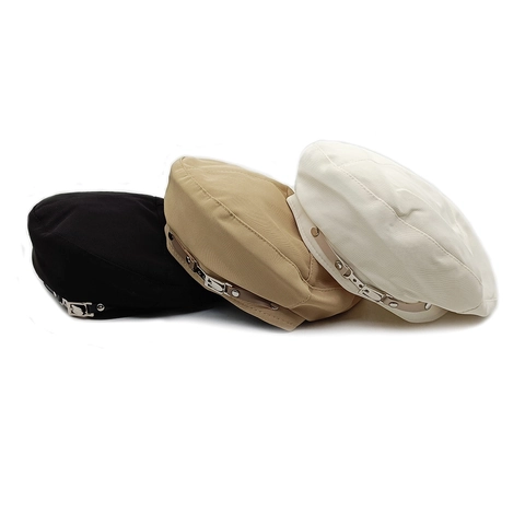 Women Vintage British Style Beret Newsboy Cap Polyester Twill Solid Color With Leather Strap Metal Buckle Retro Artist Hat