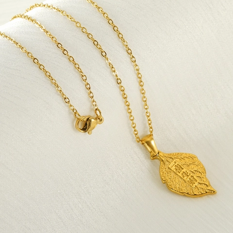 Collana Con Pendente A Foglia Acciaio Inossidabile Placcato Oro 18 Carati Iscrizione Ricchezza Caratteri Cinesi Vintage