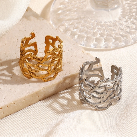 Anillo Abierto Rama De Coral De Acero Inoxidable Diseño Hueco Elemento Oceánico Joyería Para Mujer