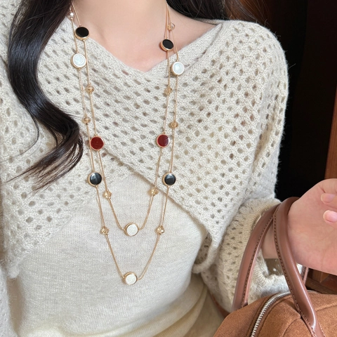 Double Layer Pendant Necklace Gold Plated Copper Enamel Round Charms Crystal Beads Retro French Style For Women
