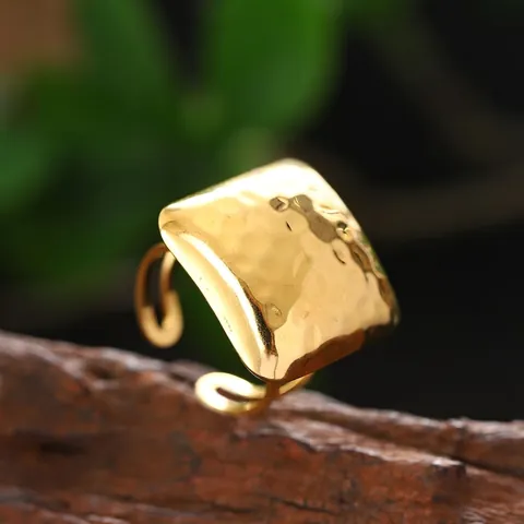 Square Hammered Surface Open Ring Stainless Steel Geometric Retro Gold Exaggerated Statement Jewelry For Women