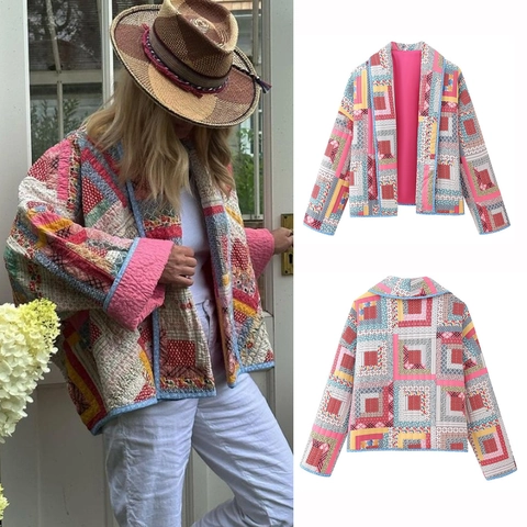 Veste Matelassée Patchwork Bohème pour Femme Imprimé Floral Ethnique Ouvert Devant Manteau Ample Vintage Streetwear