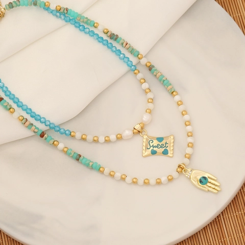 Boho Multi Layer Pendant Necklace Stainless Steel Copper Natural Stone Beads Hamsa Hand Evil Eye For Women