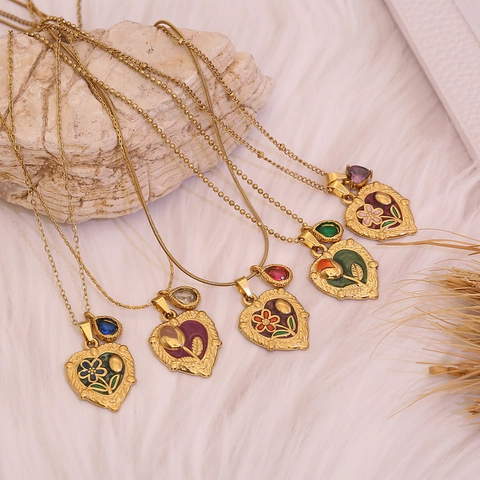 Vintage Herz Anhänger Halskette Edelstahl Emaille Rose Blumenmuster Tropfen Edelstein Retro Schmuck Für Damen