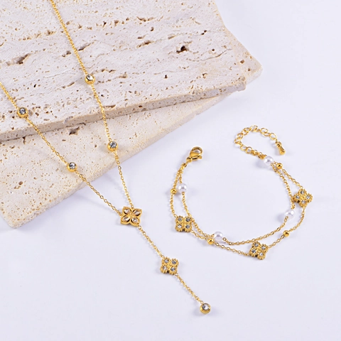 Collana e Bracciale con Nappa Lunga in Acciaio Inossidabile Fiore Perla Artificiale Strass Gioielli alla Moda da Donna