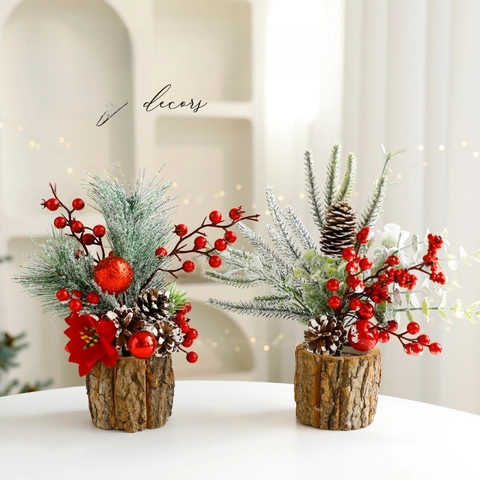 Mini Sapin De Noël Artificiel Décoration De Table Enneigé Base En Bois Pommes De Pin Baies Rouges Or Fleur