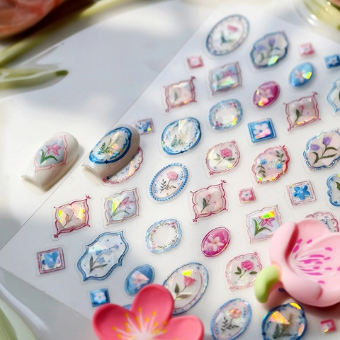 Autocollants Art Ongles Laser Holographique Cadre Fenêtre Fleur Vintage Tulipe Design Rétro Français Décoration Manucure