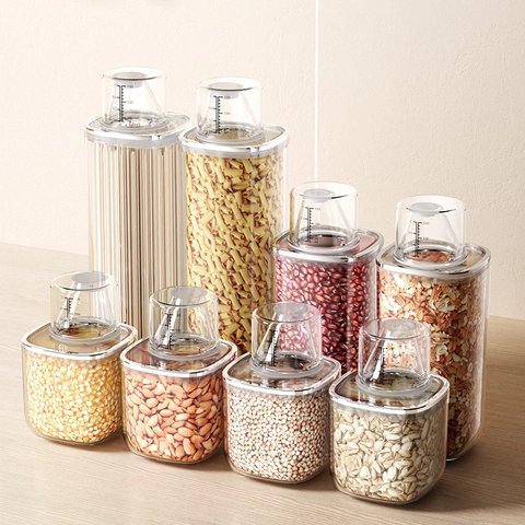 Transparent Plastic Food Storage Container Airtight Kitchen Jar Graduated Measuring Lid Funnel Spout Moisture Proof For Grain Flour