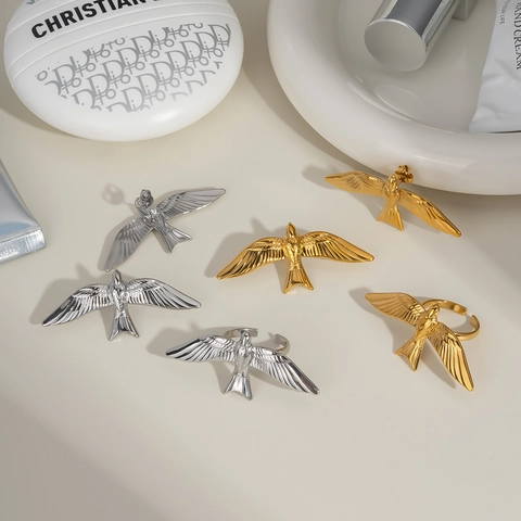 Vintage Schwalbe Vogel Ring Und Ohrstecker Edelstahl Verstellbar Offener Ring Schmuck Für Damen
