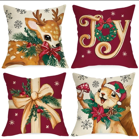 Weihnachts Kissenbezüge Leinen Atmungsaktiv Feiertags Deko Kissenhüllen Elch Eichhörnchen JOY Kranz Muster
