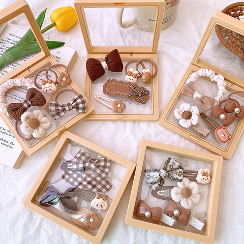 Accesorios Cabello Caja Regalo Tela Felpa Resina Lazo Animal Pinzas Y Gomas De Pelo Color Té Con Leche Dulce Niñas Niños