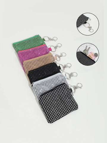 Mini Münzbörse Strass Besetzt Glänzend Reißverschluss Aufbewahrungstasche Mit Abnehmbarem Schlüsselanhänger Haken Tragbare Party Tasche Für Damen