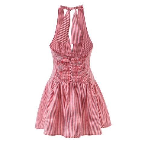 Gingham Halter Neck Dress Women Red White Checkered Ruffle V-Neck Backless A-Line Summer Casual Flare Mini Dress