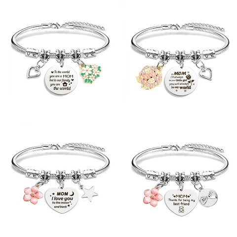 Charm Bracelet Stainless Steel Alloy Snake Chain Mothers Day Gift Heart Flower Star Enamel Pendant Jewelry For Mom