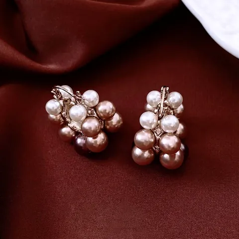 Pendientes De Aro Retro Franceses Con Racimo De Perlas Artificiales De Concha De Imitación Multicolor En Cobre Para Mujer
