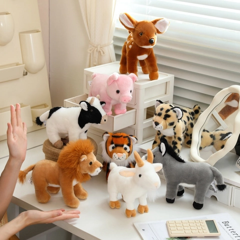 Simulation Animal Plush Toys Lion Tiger Deer Leopard Pig Sheep Cow Donkey Soft Stuffed Desktop Decor Kids Toddlers Gift