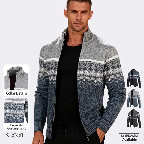 Men's Polyester Knitted Cardigan Zipper Stand Collar Color Block Geometric Pattern Casual Long Sleeve Winter Sweater