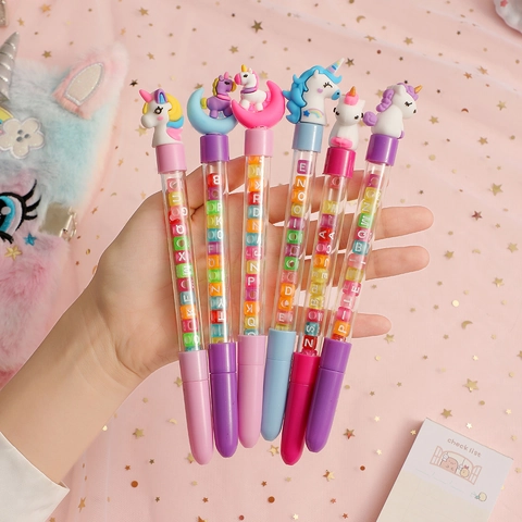 Unicorn Gel Pen Cute Transparent Plastic Barrel With Colorful Alphabet Beads Stationery Novelty Writing Toy For Kids