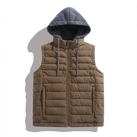 Mens Kapuzenweste Gesteppt Cord Ärmellose Jacke Warm Lässig Reißverschluss Gilet Kordelzug Taschen Mode Oberbekleidung