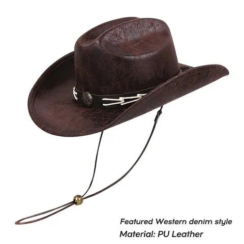 Chapeau De Cow-Boy Occidental Vintage Suède Effet Vieilli Bord Large Protection Solaire Équitation Avec Mentonnière