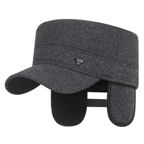 Berretto Cadet Invernale Uomo Foderato In Pile Caldo Cappello Piatto Con Paraorecchie Logo In Metallo Regolabile Casual