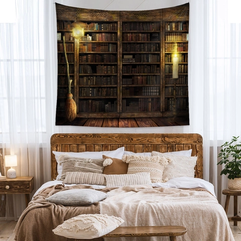 Arazzo Libreria Vintage Scaffale Tessuto Poliestere Stile Magico Decorazione Parete Per Camera Da Letto Soggiorno