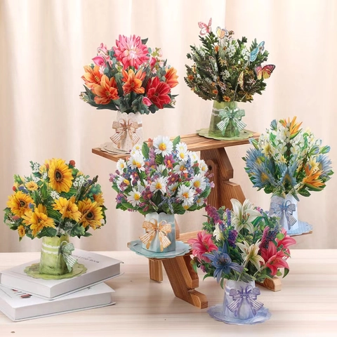3D Pop Up Greeting Cards Paper Flower Bouquet Handmade Laser Cut Floral For Birthday Teachers Day Mothers Day Gifts