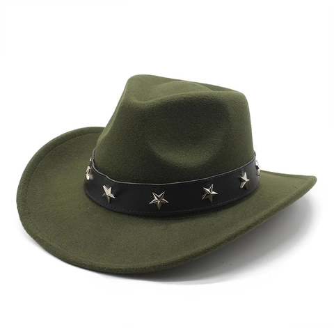 Western Cowboy Hat Vintage Ethnic Fedora Cotton Polyester Star Metal Rivet Leather Belt Wide Brim Unisex