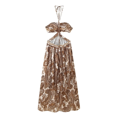 Bohemian Paisley Print Maxi Dress Halter Neck Sleeveless Waist Hollow Out Backless Polyester Vacation Resort Dress For Women